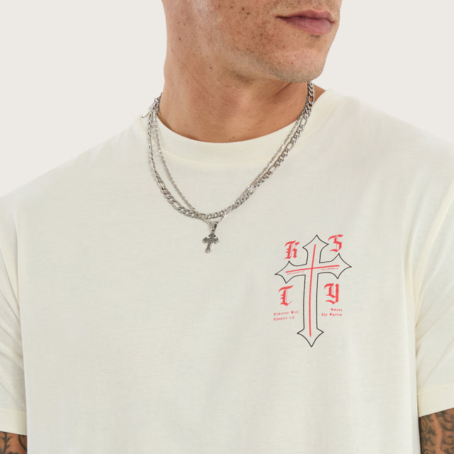 Model wears Almighty Dual Curved Tee Tofu T-Shirts in Cream - Image 4
