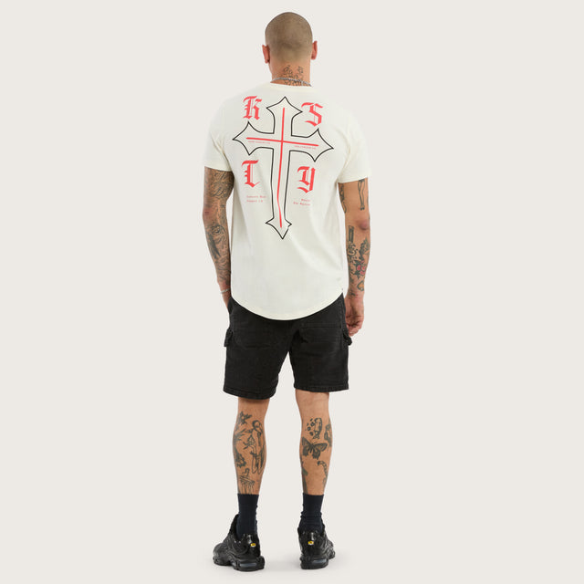 Model wears Almighty Dual Curved Tee Tofu T-Shirts in Cream - Image 5