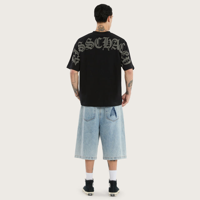 Model wears Predator Box Fit Tee Jet Black T-Shirts in Black - Image 5