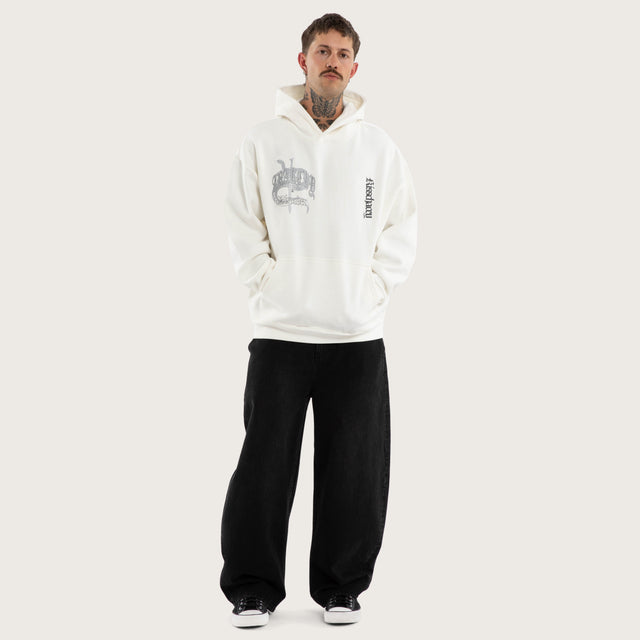 Model wears Entropy Oversized Hoodie Natural White Hoodies in White - Image 5