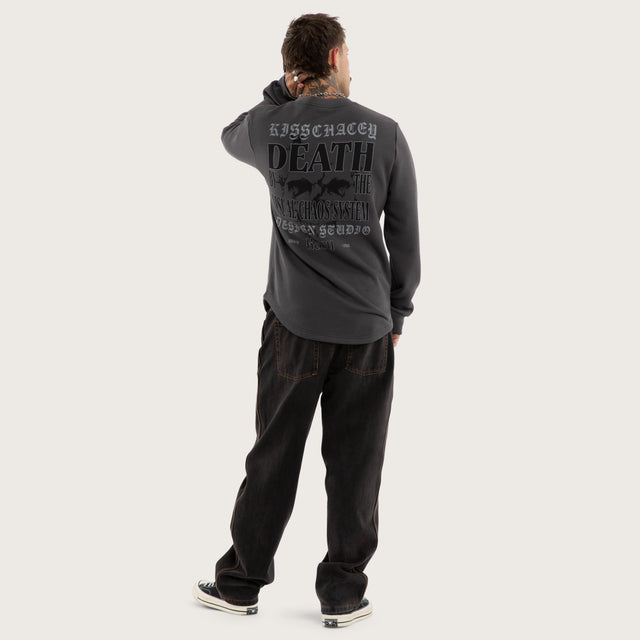 Model wears Insurgence Curved Hem Sweater Grey Jumpers in Grey - Image 5