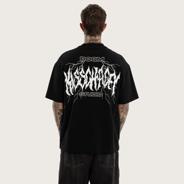 Model wears Blackthorn Street Tee Jet Black T-Shirts in Black - Image 1