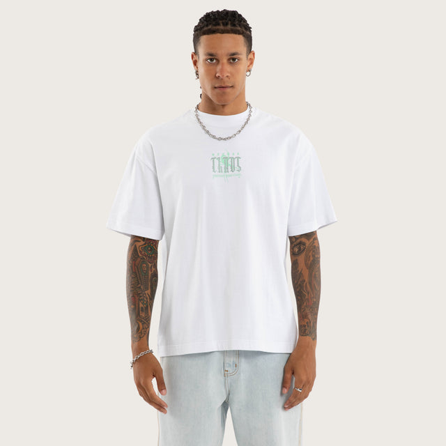 Model wears Protestant Box Fit Tee Optical White T-Shirts in White - Image 1