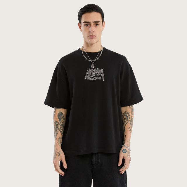 Model wears Melt Cotton Loopback Box Fit Tee in Black T-Shirts in Black - Image 1