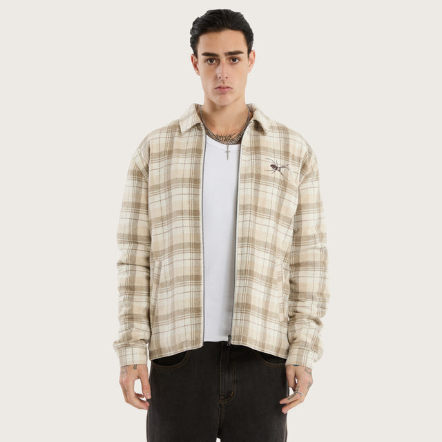 Model wears Mortal Jacket Tan Check Jackets in Beige - Image 1