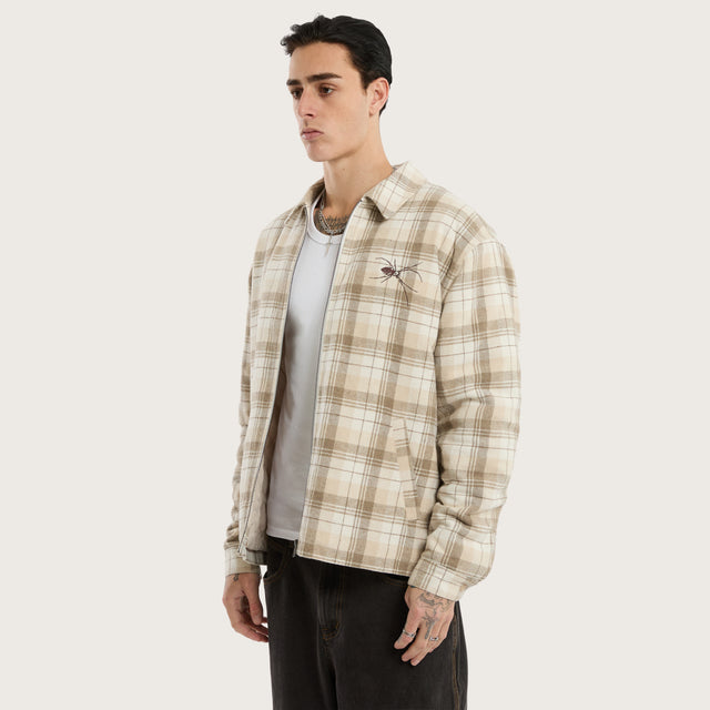 Model wears Mortal Jacket Tan Check Jackets in Beige - Image 3