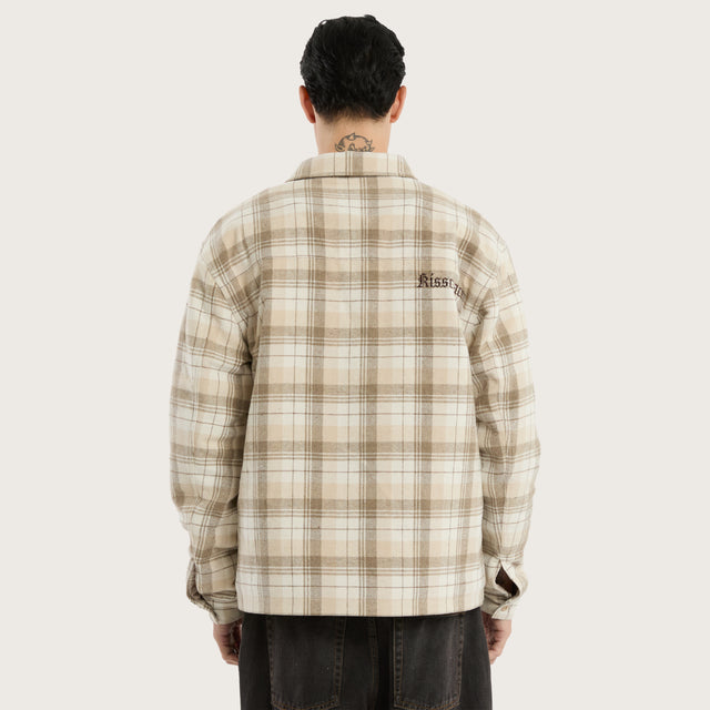 Model wears Mortal Jacket Tan Check Jackets in Beige - Image 4