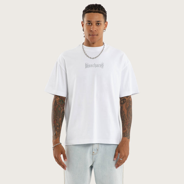 Model wears Hellwake Box Fit Tee Optical White T-Shirts in White - Image 3