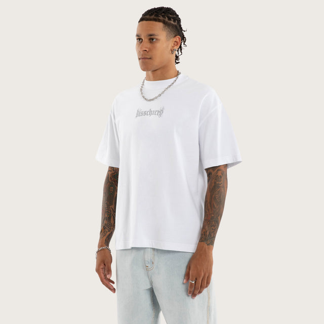Model wears Hellwake Box Fit Tee Optical White T-Shirts in White - Image 5