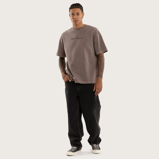 Model wears Hexborn Box Fit Cotton Loopback Tee Grey T-Shirts in Grey - Image 5