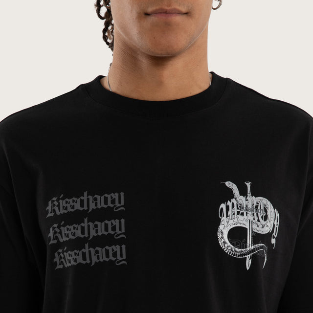 Model wears Bedlam Box fit Tee Jet Black Jumpers in Black - Image 4