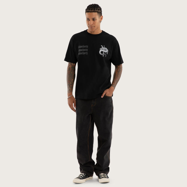 Model wears Bedlam Box fit Tee Jet Black Jumpers in Black - Image 5