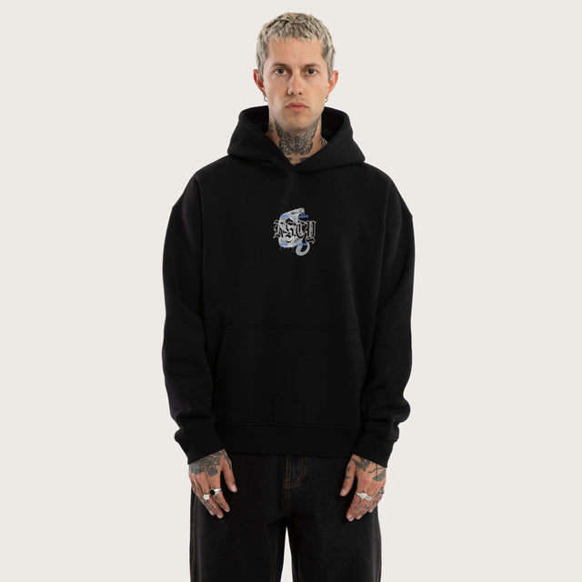 Model wears Python Oversized Hoodie Jet Black Hoodies Black – image 3