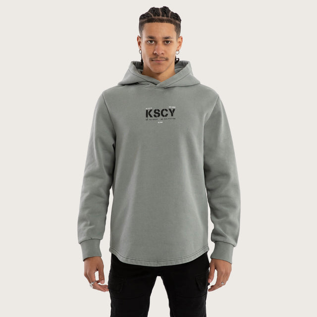 Model wears Reverence Dual Curved Hoodie Pigment Neutral Grey Hoodies Grey – image 3