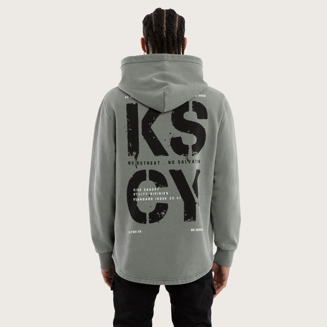 Model wears Reverence Dual Curved Hoodie Pigment Neutral Grey Hoodies Grey – image 1