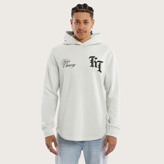 Model wears Fracture Dual Curved Hoodie Pigment Glacier Grey Hoodies Grey – image 3