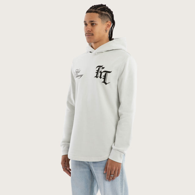 Model wears Fracture Dual Curved Hoodie Pigment Glacier Grey Hoodies Grey – image 4