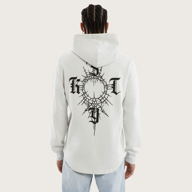 Model wears Fracture Dual Curved Hoodie Pigment Glacier Grey Hoodies Grey – image 1