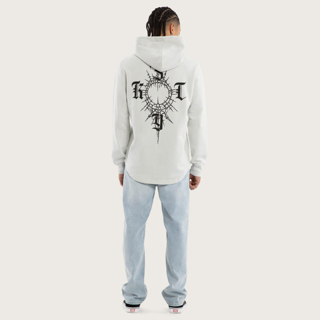 Model wears Fracture Dual Curved Hoodie Pigment Glacier Grey Hoodies Grey – image 5