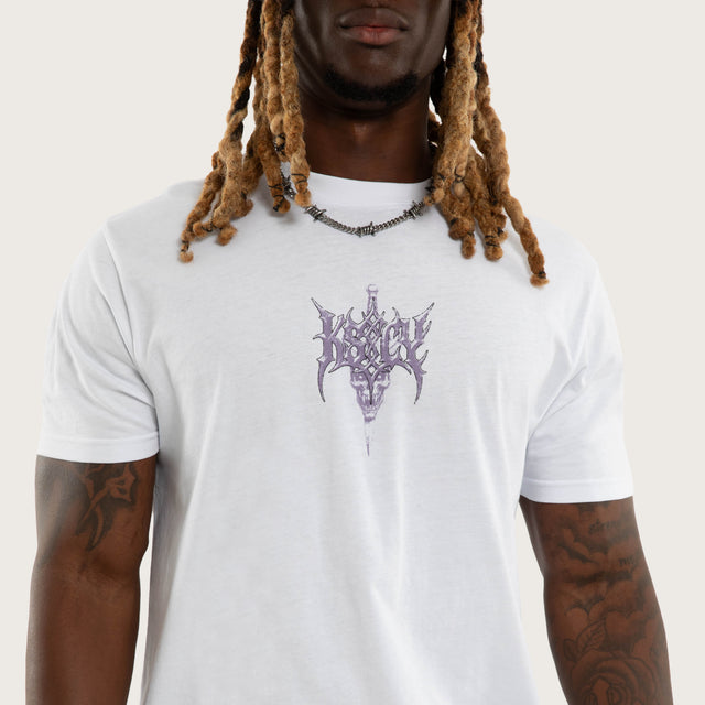 Model wears Shackles Dual Curved Tee Optical White T-Shirts White – image 3