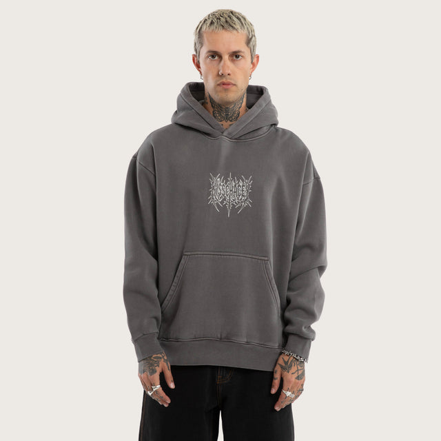 Model wears Wrath Relaxed Hoodie Grey Hoodies in Grey - Image 1