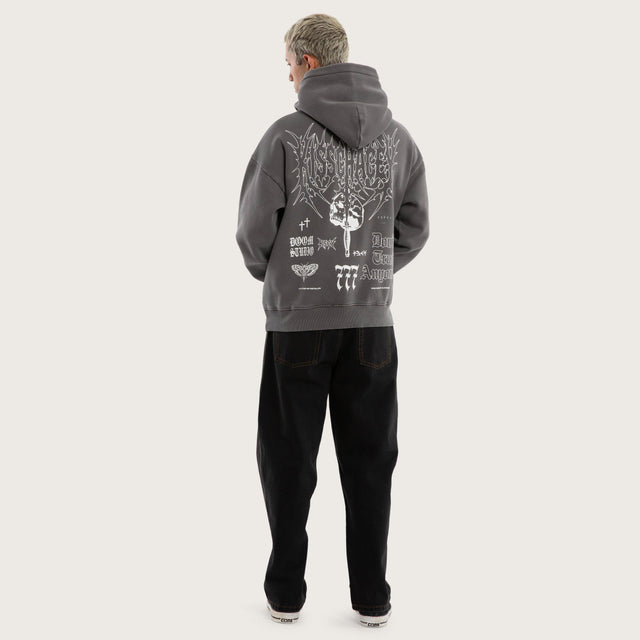 Model wears Wrath Relaxed Hoodie Grey Hoodies in Grey - Image 4