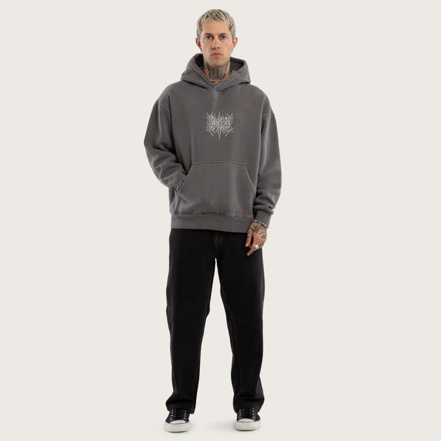 Model wears Wrath Relaxed Hoodie Grey Hoodies in Grey - Image 5