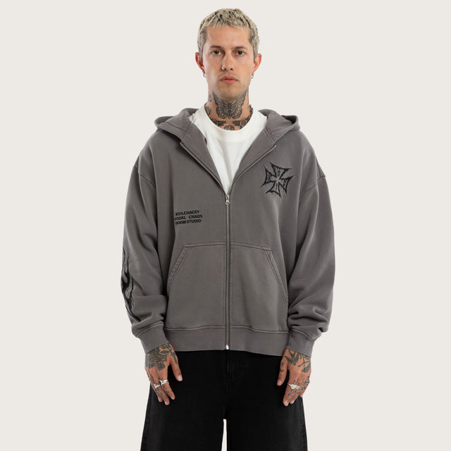 Model wears Blaze Relaxed Zip Hoodie in Grey Hoodies in Grey - Image 1