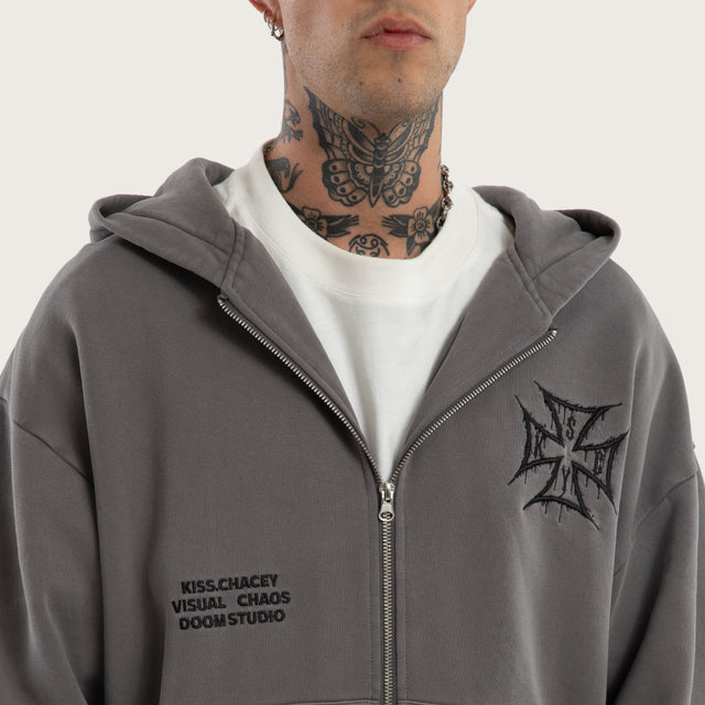 Model wears Blaze Relaxed Zip Hoodie in Grey Hoodies in Grey - Image 3