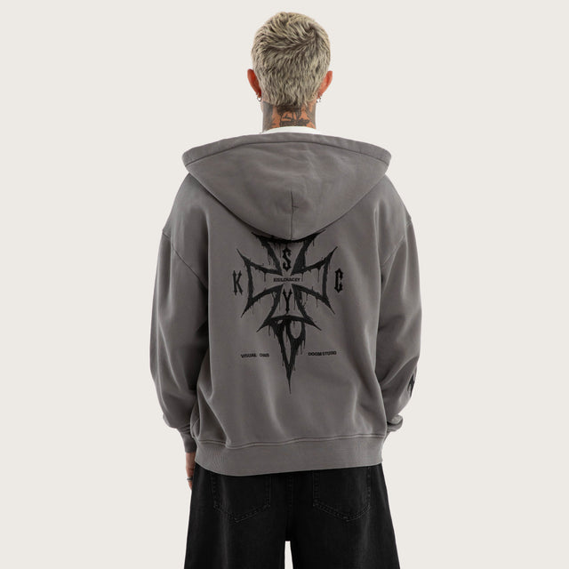 Model wears Blaze Relaxed Zip Hoodie in Grey Hoodies in Grey - Image 2