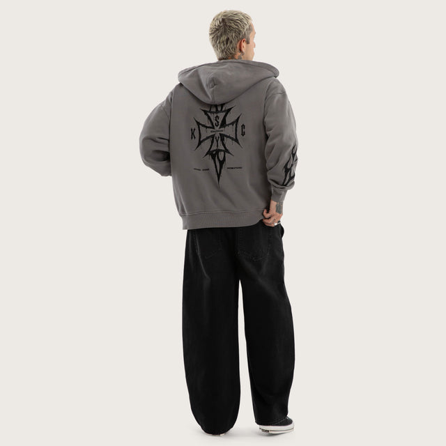 Model wears Blaze Relaxed Zip Hoodie in Grey Hoodies in Grey - Image 4