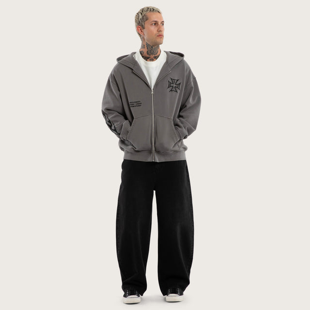 Model wears Blaze Relaxed Zip Hoodie in Grey Hoodies in Grey - Image 5