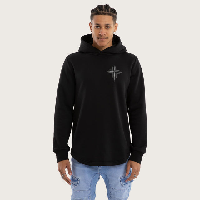 Model wears Worship Curved Hem Hoodie Jet Black Hoodies in Black - Image 3