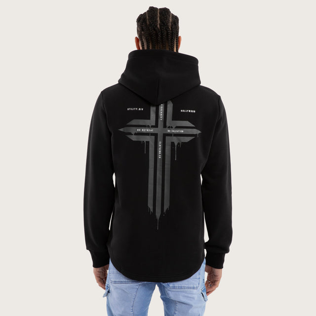 Model wears Worship Curved Hem Hoodie Jet Black Hoodies in Black - Image 1