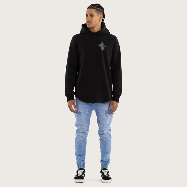 Model wears Worship Curved Hem Hoodie Jet Black Hoodies in Black - Image 2