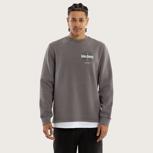 Model wears Sleepwalker Layered Curved Hem Sweater Greay Jumpers in Grey - Image 1