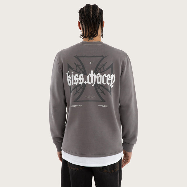 Model wears Sleepwalker Layered Curved Hem Sweater Greay Jumpers in Grey - Image 2