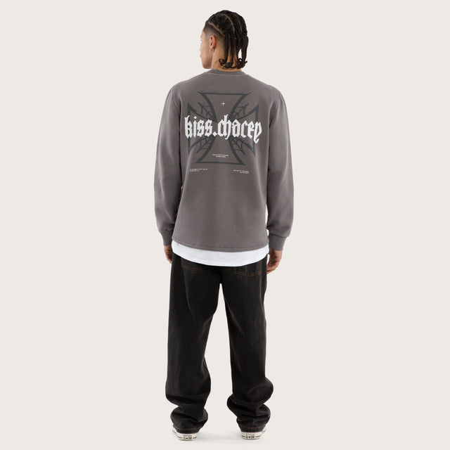 Model wears Sleepwalker Layered Curved Hem Sweater Greay Jumpers in Grey - Image 4