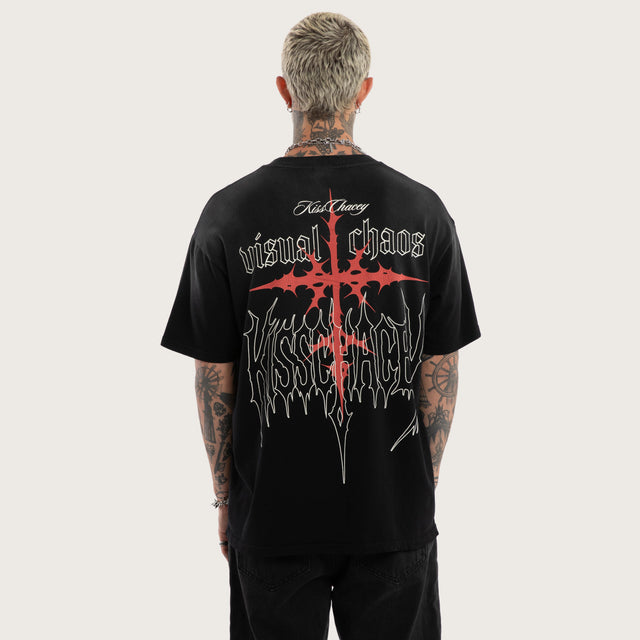 Model wears Embers Box Fit Tee Sunbleach Black T-Shirts in Black - Image 2