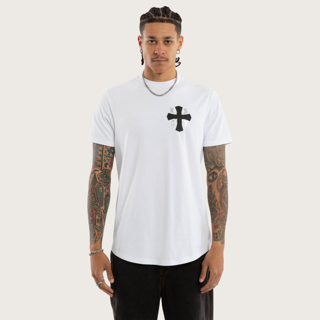 Model wears Requiem Curved Hem Tee White T-Shirts in White - Image 1