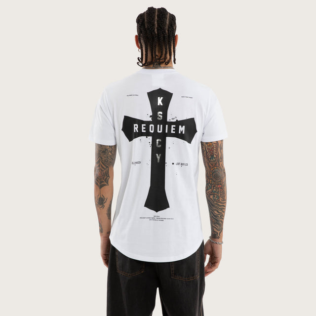 Model wears Requiem Curved Hem Tee White T-Shirts in White - Image 2