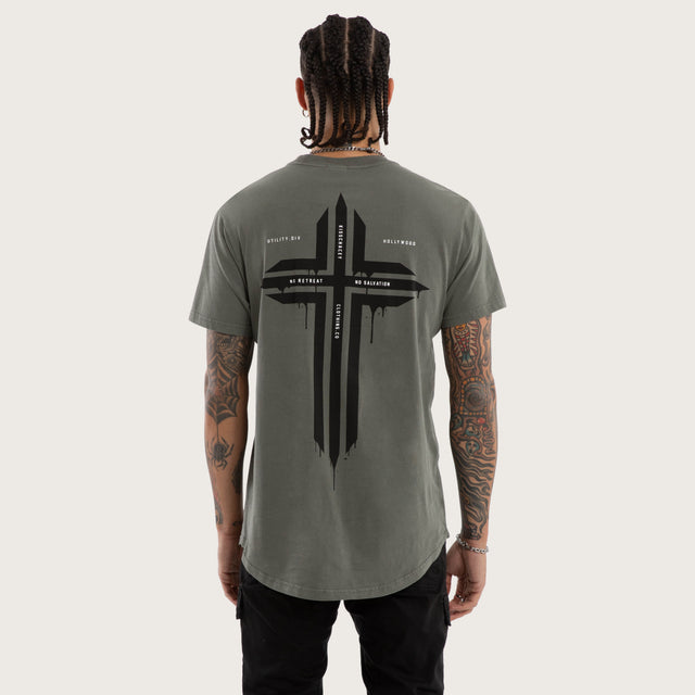 Model wears Preservation Curved Hem Tee in Green T-Shirts in Green - Image 2