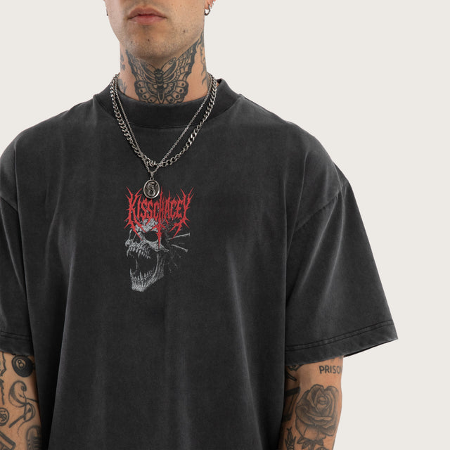Model wears Mythic Box Fit Tee Snow Black T-Shirts in Black - Image 4