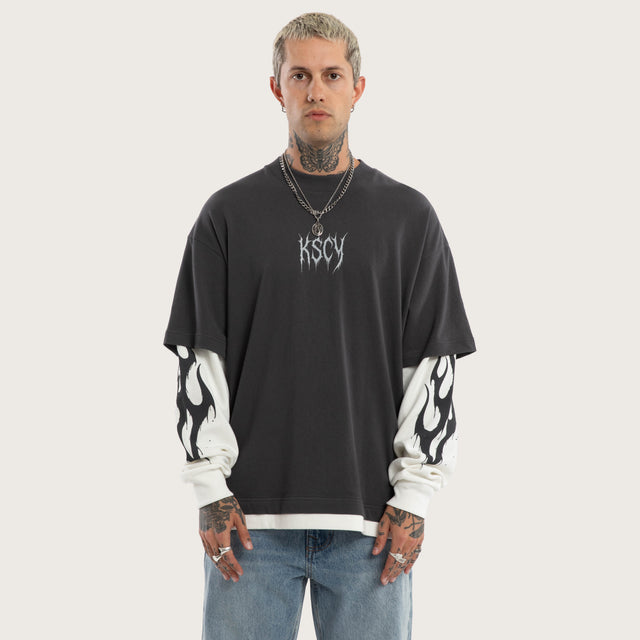 Model wears Ferocity Layered Longsleeve Tee in Grey and White Longsleeve T-Shirts in Black - Image 1