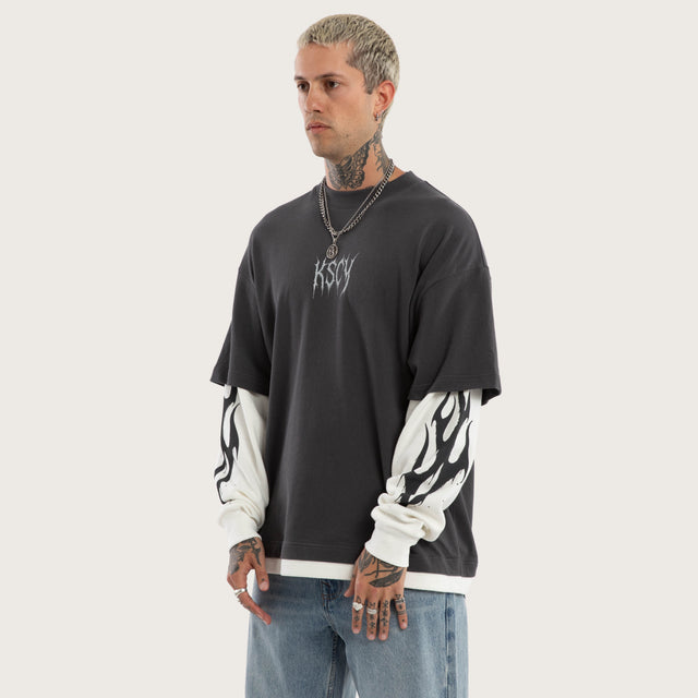 Ferocity Layered Longsleeve Tee Asphalt and Natural White