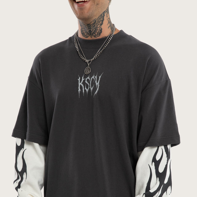Model wears Ferocity Layered Longsleeve Tee in Grey and White Longsleeve T-Shirts in Black - Image 3