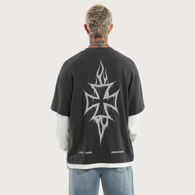 Model wears Ferocity Layered Longsleeve Tee in Grey and White Longsleeve T-Shirts in Black - Image 2