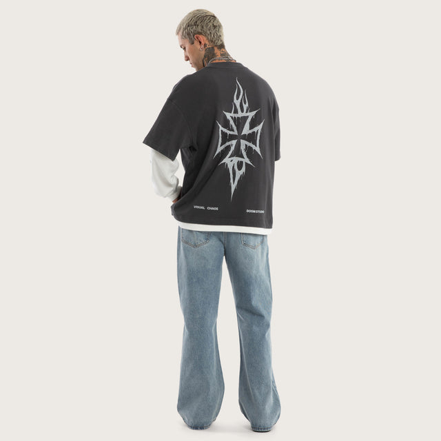 Model wears Ferocity Layered Longsleeve Tee in Grey and White Longsleeve T-Shirts in Black - Image 4