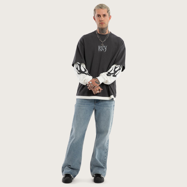 Model wears Ferocity Layered Longsleeve Tee in Grey and White Longsleeve T-Shirts in Black - Image 5