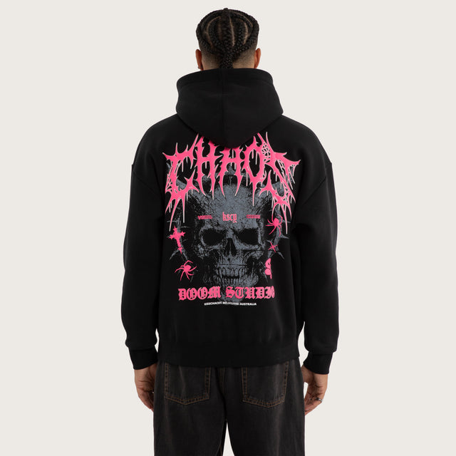 Model wears Glitch Oversized Hoodie Jet Black Hoodies in Black - Image 3